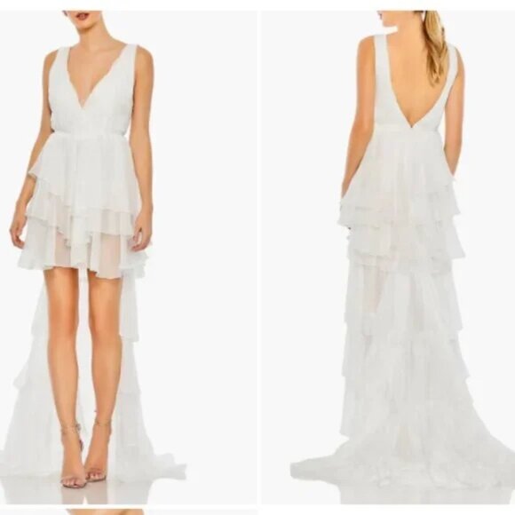 NWT Mac Duggal 55320 White High Low Ruffle Tiered Gown With Built In Bodysuit 6 - Picture 1 of 8